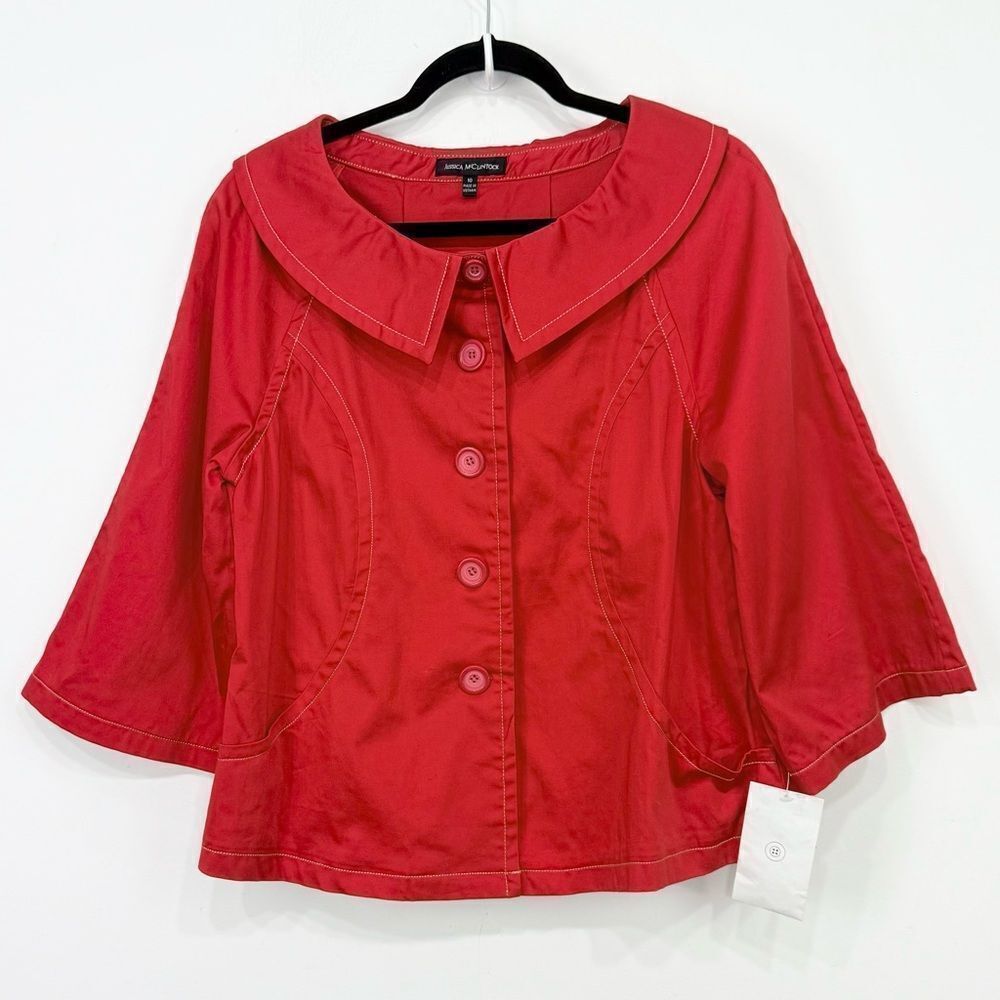 Jessica McClintock Red Sailor Bow Flared Bottom Crop Sleeve Button Up Jacket